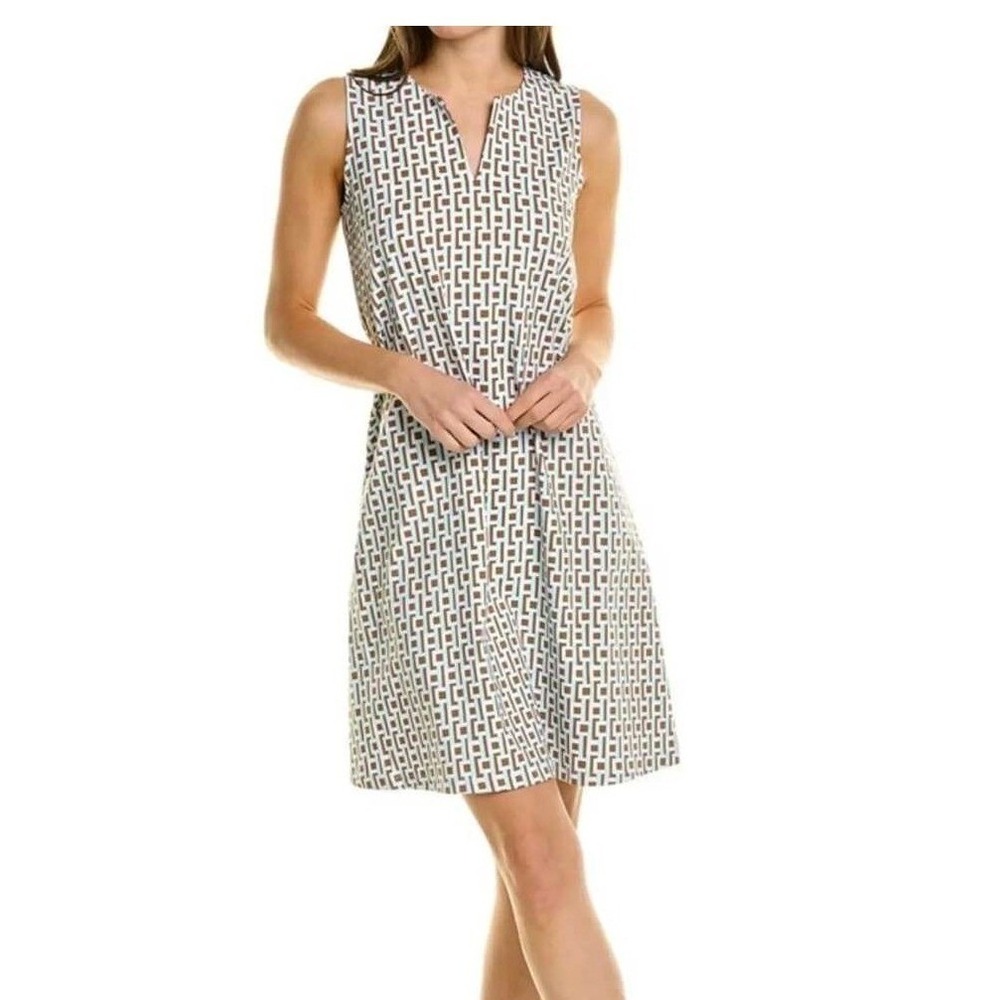 J.McLaughlin Joanna Dress Aqua Brown White Catalina Prepp Sleeveless Shift M